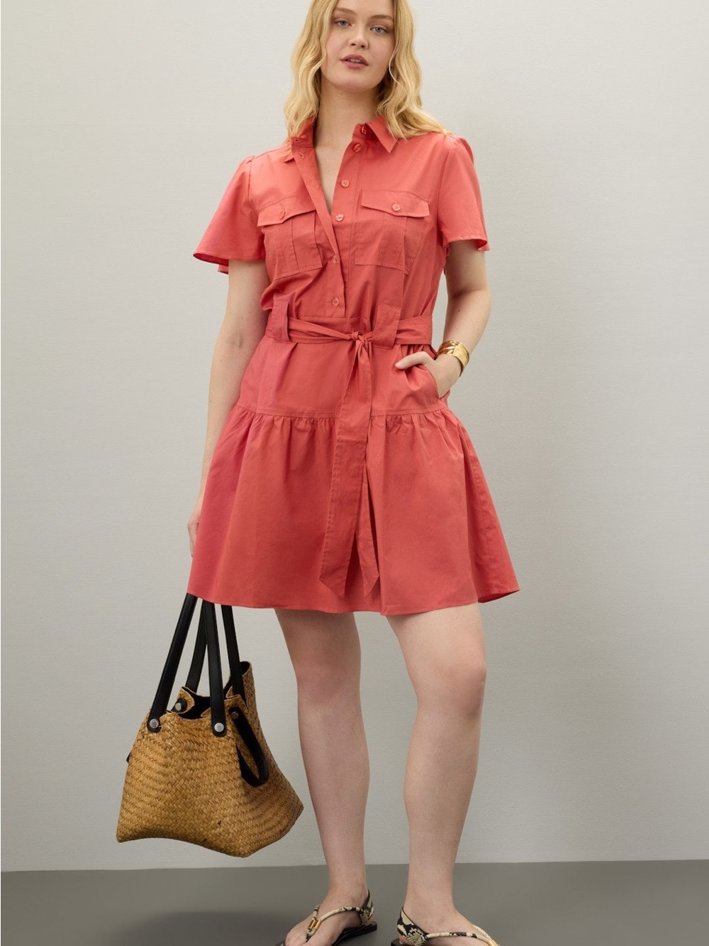 Derek Lam Coral Button-Front Mini Shirt Dress